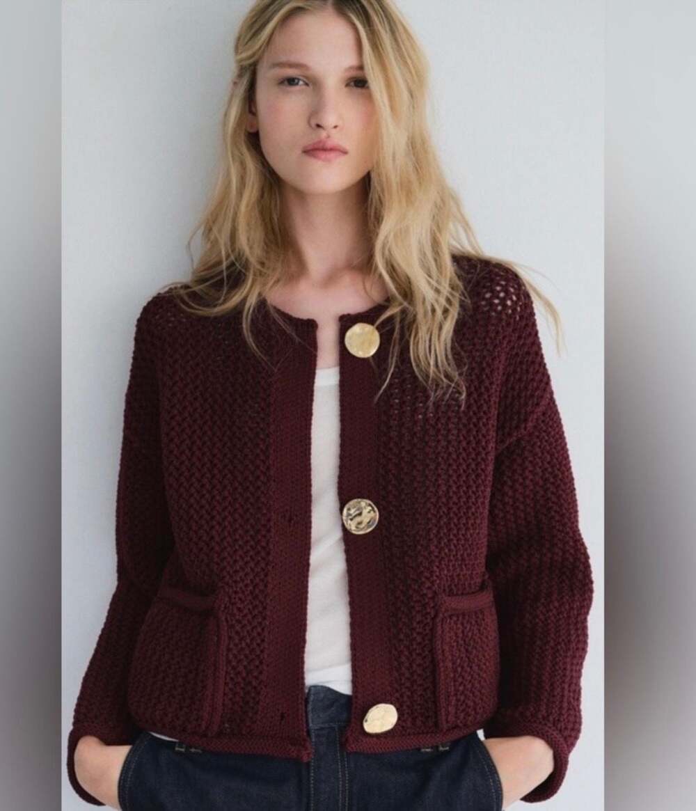 ZARA Chunky Knit Cardigan with Textured Gold Buttons in Maroon Buttons Maroon Go